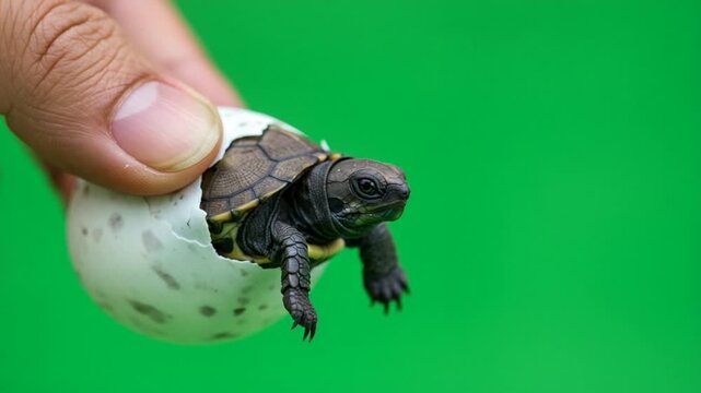 Baby turtle hatching from egg in vibrant green background