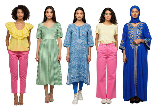 Five women in traditional and modern clothing isolated isolated on transparent background