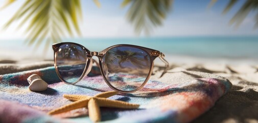 The Stylish Sunglasses on a Beach Towel Amidst a Tropical Paradise