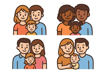 Family icon bundle of diverse parents with children. Cute cartoon vector portraits of multicultural families including mother, father, and baby. Happy people graphic set.