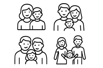 Family line icon set with diverse families. Simple vector graphics of parents with children, including same-sex couples. Symbols for relationships, parenthood, and love.