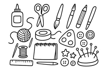 Doodle art and craft supplies set. Hand-drawn vector icons for creative hobbies, scrapbooking, school projects, sewing, and DIY. Outline illustration of tools and equipment.