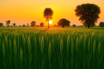 A golden sunset illuminates a peaceful rural field, where tall crops sway gently and scattered trees silhouette against the fading light