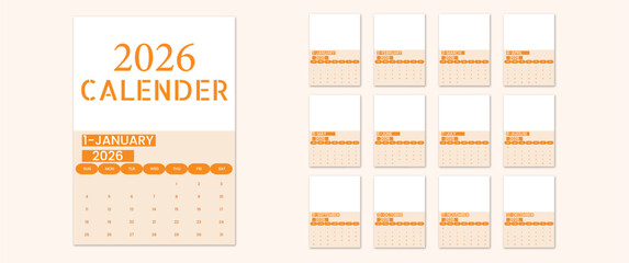 2026,calendar,yearly flat vector 2026 calendar template showing full year view with orange and tan color scheme © Rahed Ul Islam