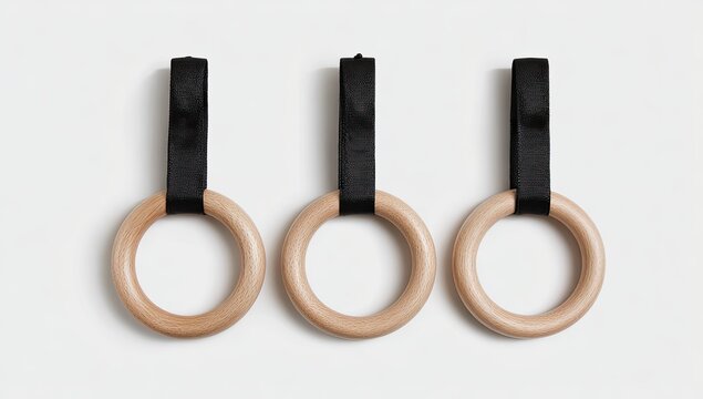 Three light beige wooden rings, each suspended by a black ribbon