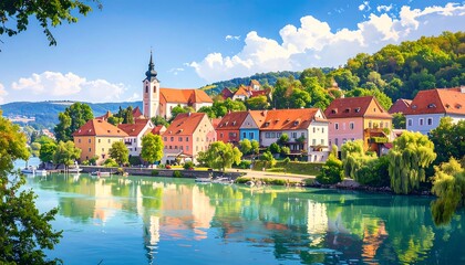 Riverfront Town Sunny Day View
