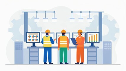 Three workers in safety gear analyze data on screens in a modern industrial setting, surrounded by gears and machinery.