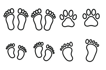Footprint line icon collection. Human foot prints and animal paw prints set. Baby feet symbol. Outline sign for graphic and web design. Step silhouette vector illustration.