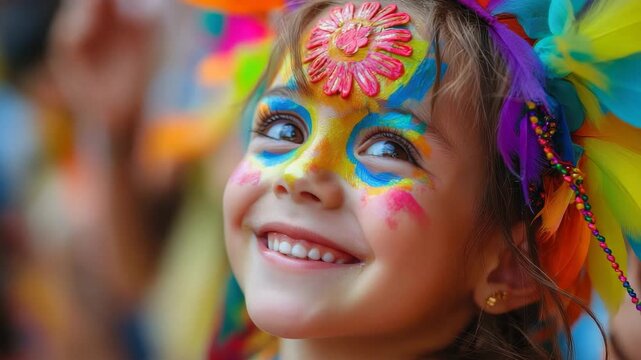 Colorful celebration of joy with child in vibrant face paint during festival in sunny outdoor setting