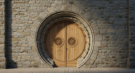 Obraz premium Grand wooden double doors set within an ornate stone circular archway, inviting entry