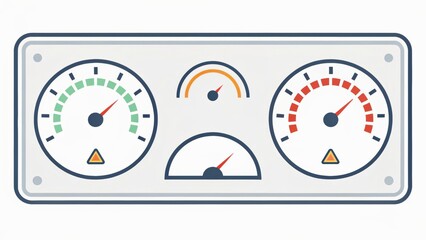 Naklejka premium Dashboard interface with various gauges showing performance metrics in green, yellow, and red indicators.