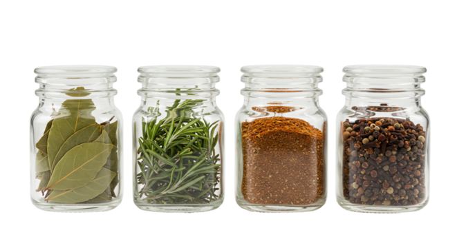 Four glass jars of culinary herbs and spices on transparent background
