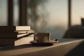 cozy indoor setting featuring books on wooden table with floating digital annotations
