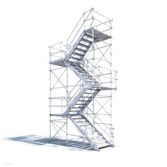 Elevated metal scaffolding with internal stairs.  A light gray,  sturdy  structure,  forming  a  zigzagging  stairway  upward.  Safety rails  and  a  platform  are  included.  3D rendering