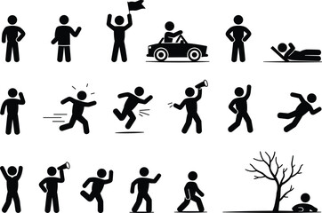 Stick figure people icons, various human actions, running, shouting, relaxing, driving, cheering, walking, falling, protesting, everyday lifestyle poses, vector illustration set
