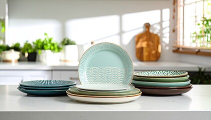 Teal and Gold Patterned Ceramic Plates on Kitchen Countertop