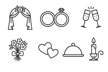 Wedding ceremony icon set. Marriage celebration line art symbols. Engagement and romantic dinner vector elements. Love, rings, hearts, toast, flowers, arch and candle.