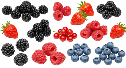 Assortment of berries raspberries strawberries blackberries blueberries red currants transparent background
