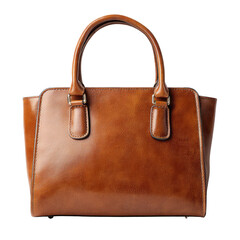 A top-down view of a light brown leather handbag with two top handles