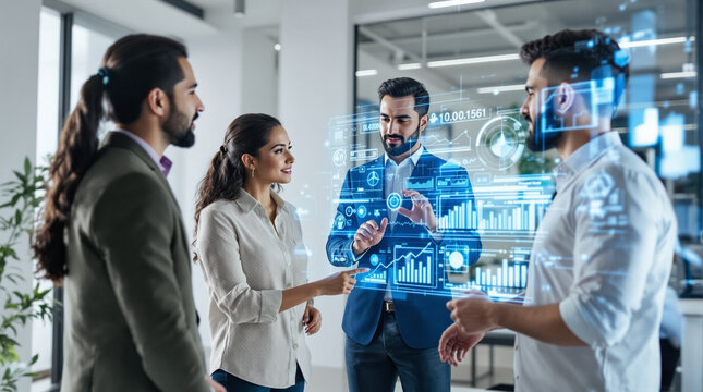 J&oacute;venes expertos hispanos en TI discutiendo estrategias con tecnolog&iacute;a de IA
