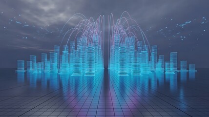 Glowing digital city with data streams futuristic cityscape