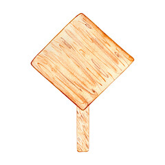 Watercolor wooden signboard, shield, banner for text. Brown hand drawn direction sign. Signs, designations for messages helping to find the way. Illustration with space for text.