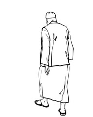 Black and white vector sketch of an elderly Muslim man walking away in modest, traditional Islamic clothing and kufi