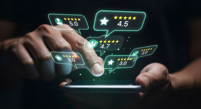 A person interacting with a smartphone displaying holographic customer review ratings and speech bubbles with stars.
