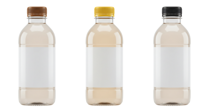Three plastic bottles with blank labels mockup - Powered by Adobe