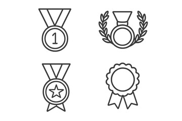 Medal and award thin line icon set. First place prize, winner star, laurel wreath, and ribbon rosette symbols. Achievement, victory, and success concepts. Vector illustration.