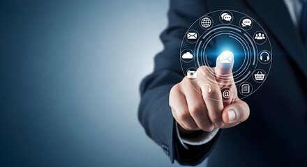 A businessman in a suit interacts with a digital interface, touching a glowing icon surrounded by various technology and communication symbols.