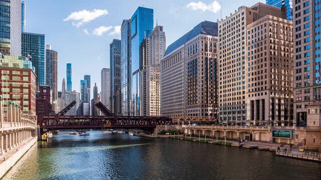 Downtown Chicago Drawbridge Opening Over River and Boat Timelapse