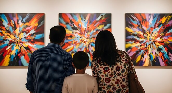 A family of three, seen from behind, observes three colorful abstract paintings displayed in an art gallery. - Powered by Adobe