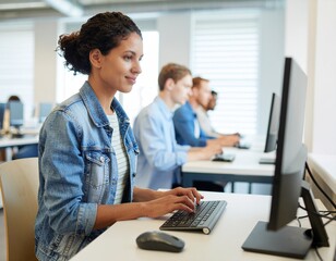 Obraz premium Female Student Typing on Wireless Keyboard in Computer Lab Wearing Denim Jacket