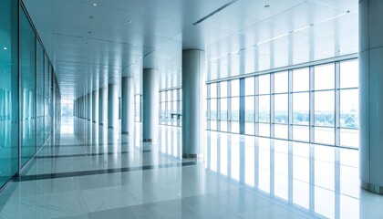 Modern Office Hallway with Glass Walls and Light Columns