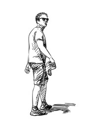 Vector sketch of a casually dressed man walking in summer outfit, holding cap in hand, minimalist black and white street style
