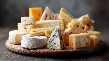 Assorted gourmet cheeses displayed on a rustic wooden board, showcasing different textures and flavors for culinary enjoyment.