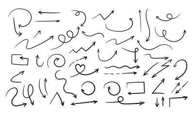 Set of simple bold lines arrows hand drawn in various style vector icon, sign, symbol collection.