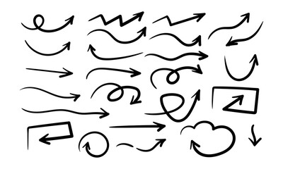 Set of simple bold lines arrows hand drawn in various style vector icon, sign, symbol collection.