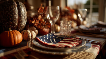 Thanksgiving patriotic table setup with American flag decor, concept of holiday and national pride
