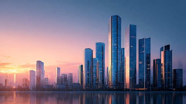 Colorful sunset over modern skyscrapers in an urban landscape with reflective glass facades