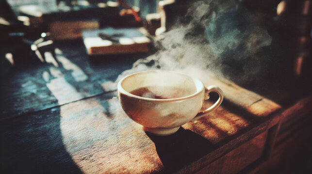 Steam tea cup ceramic wooden table sunlight beam fog warm cozy Steam tea cup ceramic wooden table sunlight beam and fog, warm cozy mood with dramatic shadows, low key lighting and rustic texture
