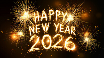 Happy New Year 2026 glowing text surrounded by bright fireworks and sparkling lights, dark background