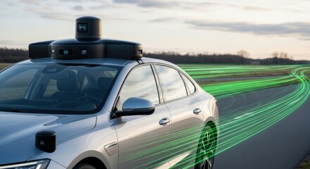 Autonomous Self-driving Electric Car with Lidar Sensor on Road During Sunset