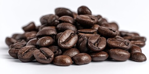 Naklejka premium The close-up view of a pile of freshly roasted coffee beans.