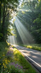 Obraz premium Sunbeams stream through trees onto a road lined with wildflowers and green grass