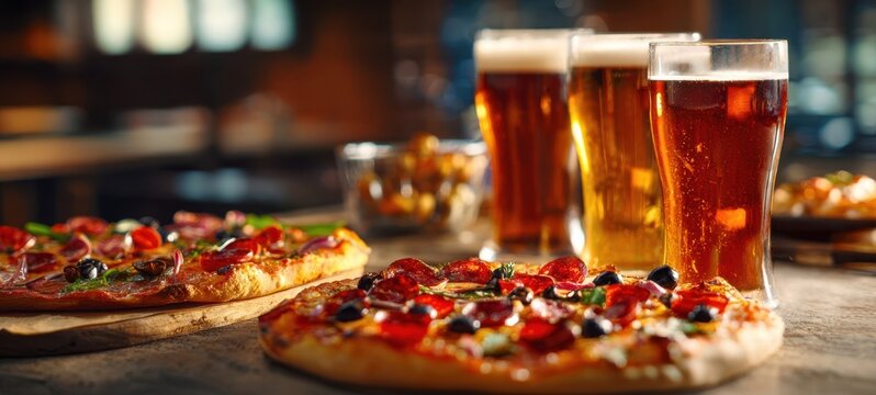 The delicious pizza and refreshing beer perfect for any gathering.