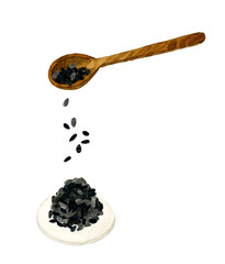 山盛りの黒ゴマ　野菜・薬味の手描き水彩イラスト素材