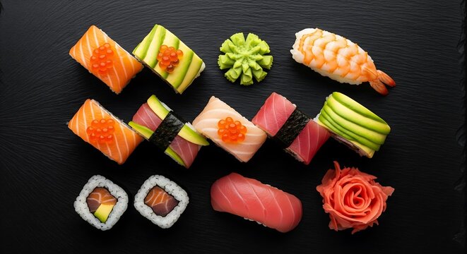 Exquisite Sushi Platter A Culinary Delight of Fresh Seafood and Japanese Cuisine, plate styled for restaurant, advertising, and culinary magazine use