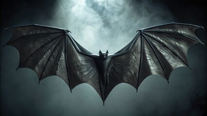 Fototapeta premium A detailed, dark bat with outstretched wings against a misty background, evoking a sense of mystery and the nocturnal.